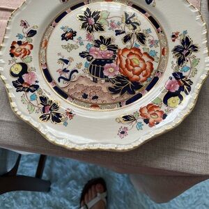 Mason White and Blue Decor Plate with Ornate Design/ plus Beautiful Statue